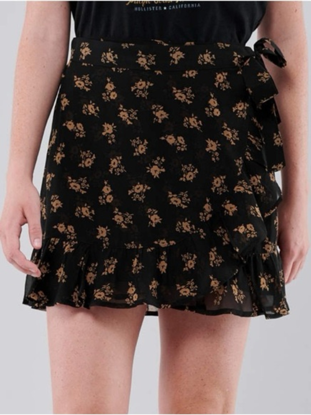 Hollister Black Mini Wrap Skirt with Tan Floral Print